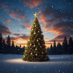 Obraz premium Decorated christmas tree in snowy landscape at sunset