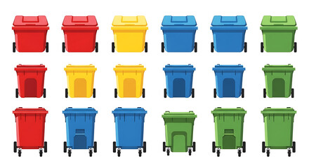 A collection of colorful red, yellow, blue, and green recycling bins for waste management and segregation, presented as a flat vector icon set