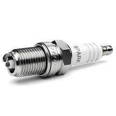 Close-up of a single car spark plug isolated on a white background, symbolizing ignition and engine power