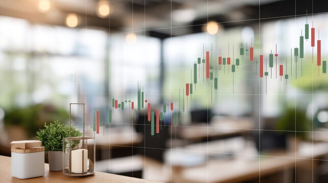 Colorful bar graph shows stock market trends, with coins placed on a desk in a modern business setting - Powered by Adobe