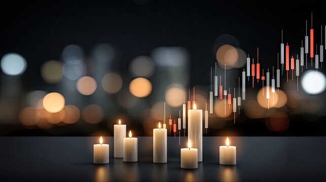 Colorful bar graph shows stock market trends, with coins placed on a desk in a modern business setting