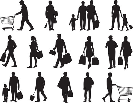 Silhouettes of shopping people carrying bags and pushing shopping carts isolated