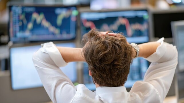 A man appears stressed, covering his face with his hands while analyzing graphs and data related to the global market