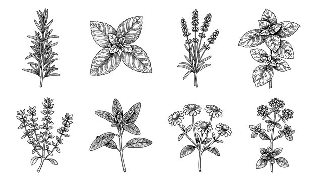 Intricate botanical herb collection in hand-drawn black and white