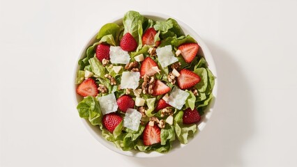 Fresh strawberry and raspberry salad with lettuce, walnuts, and cheese on a white plate.