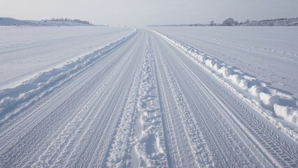 Snow-covered road in winter with tire tracks and surrounding snowy landscape. Calm and cold outdoor scene.