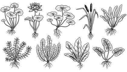 Obraz premium Intricate botanical drawings of aquatic plants with roots