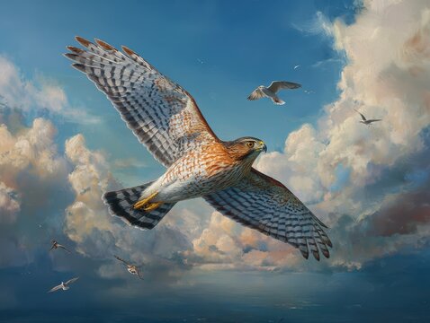 Sharp Shinned Hawk in Flight: Majestic Wildlife Soaring Against a Blue Sky