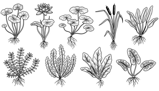 Intricate botanical drawings of aquatic plants with roots