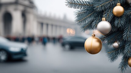 Brightly colored ornaments hang as people stroll through a lively holiday market filled with lights and decorations