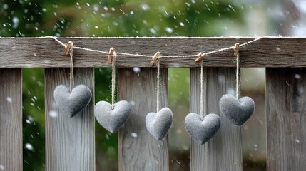 Wooden and fabric hearts are strung together in a snowy landscape, creating a charming winter decoration in a serene outdoor scene