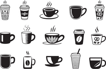 Assorted Black and White Coffee Cups and Mugs Vector Graphic