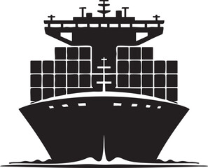 Black cargo ship facing forward with containers in silhouette floats upon the calm waves