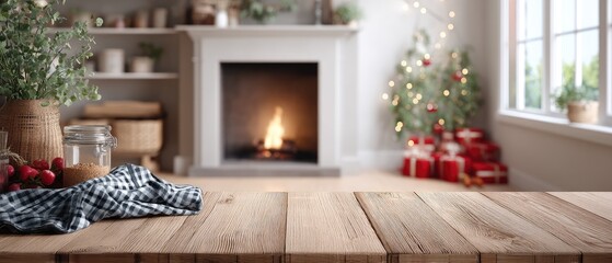 A wooden tabletop is in focus, while colorful lights and gifts create a joyful holiday setting in the background