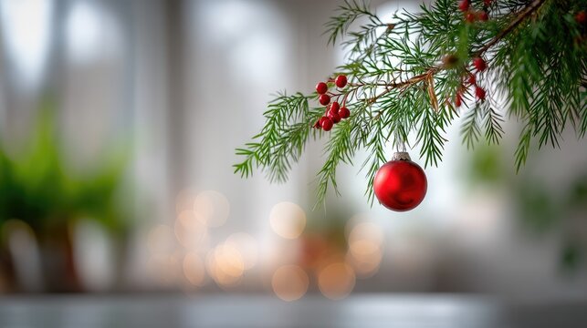 A red ornament is gently swaying on a pine branch, adding festive charm to the cozy setting illuminated by soft lights - Powered by Adobe