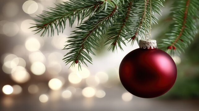 A red ornament is gently swaying on a pine branch, adding festive charm to the cozy setting illuminated by soft lights
