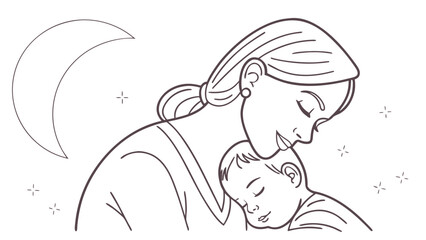 Single-line sketch of mom and baby sleeping peacefully with pastel moon