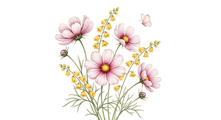 Delicate Watercolor Floral Arrangement Pink Cosmos, Yellow Flowers, and a Butterfly for Decoration