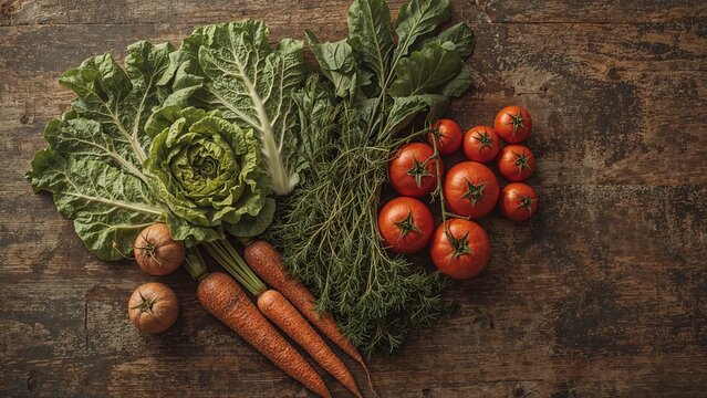 Fresh vegetables including carrots, lettuce, tomatoes, and onions arranged on a rustic wooden surface. - Powered by Adobe