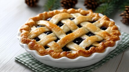 A freshly baked berry pie sits on a table, showcasing a golden crust and berry filling, perfect for dessert lovers and gatherings