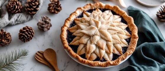 A freshly baked berry pie sits on a table, showcasing a golden crust and berry filling, perfect for dessert lovers and gatherings