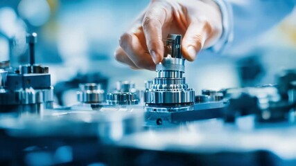 Technician inspects machined piece using precision instruments for quality control in a hightech factory environment
