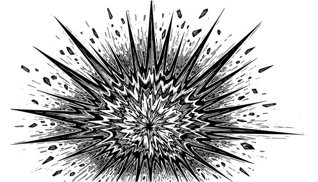 Dynamic black and white comic style explosion with sharp angular lines