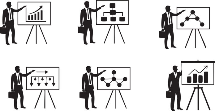 Business presentation collection with charts diagrams and growth symbols in black