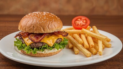 Bacon cheeseburger with lettuce, tomato, and fries on a white plate.