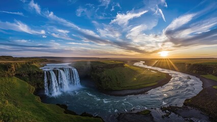 River sunset over waterfall and cliffs with clouds and sky. Nature and landscape, scenic view. The scene captures the beauty of natural water formations and horizon.