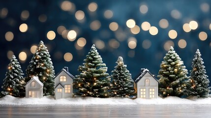 A small wooden house sits on a blanket of snow, with frosty trees around it, creating a serene winter scene under falling snowflakes