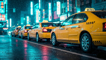 Fototapeta premium Cinematic yellow taxis lined up on snowy city streets at night with turquoise neon lights and urban illumination