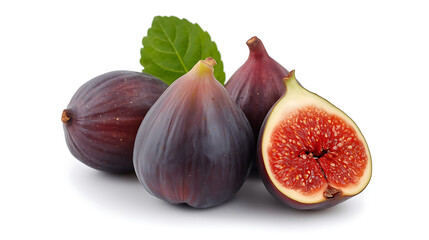 Three fresh figs are depicted on a white background two whole dark-purple figs with smooth skin and speckled dots, alongside one halved fig showing its vibrant red, seed-filled interior.