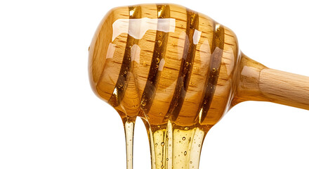 Honey dripping from a wooden dipper, showcasing natural sweetness and golden texture