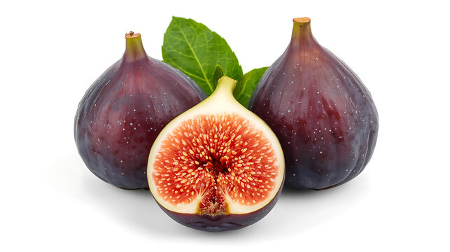 Three fresh figs are depicted on a white background two whole dark-purple figs with smooth skin and speckled dots, alongside one halved fig showing its vibrant red, seed-filled interior.