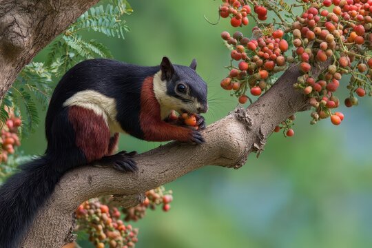 Majestic Indian Giant Squirrel Feasting on Banyan Tree Berries Amidst Lush Forest Foliage