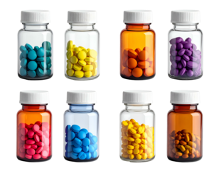 Colorful Pills in Clear/Amber Bottles on White Background