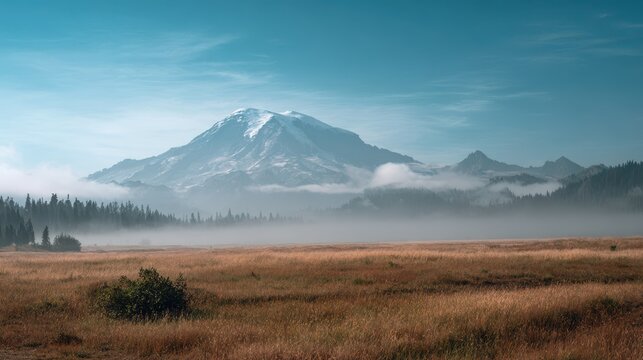 Misty Fields Embracing Mount Ranier: A Serene Landscape of Fog and Sky