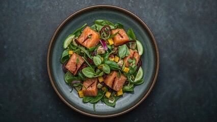Salmon salad in a bowl with greens, corn, red onion, and herbs on a dark background.