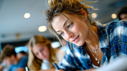 Focused teacher assisting a student during class, creating a supportive and attentive learning environment
