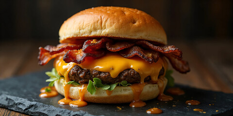 Mouth-watering close-up of gourmet cheeseburger with bacon and sauce
