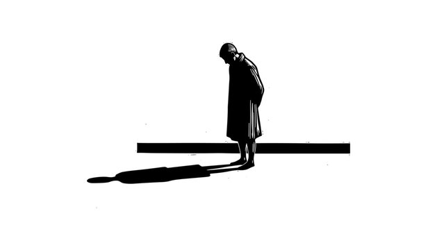 Solitary silhouette of woman standing at edge casting long shadow
