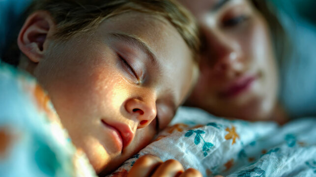 Peaceful close-up of a sleeping child resting beside their mother under a patterned blanket with soft morning light