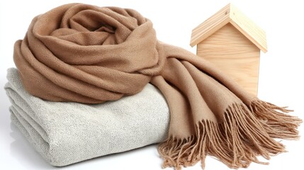 A knitted hat in a warm shade rests beside a small model house, symbolizing comfort and coziness in winter