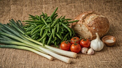Fresh vegetables and bread on a textured surface with garlic, tomatoes, green beans, and leeks, creating a rustic and natural setting.