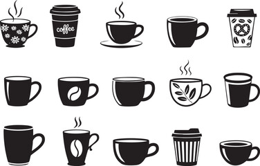 Collection of black and white coffee cup vector icons and graphics