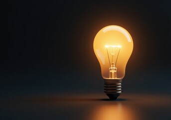 Glowing light bulb illuminating dark background with copy space