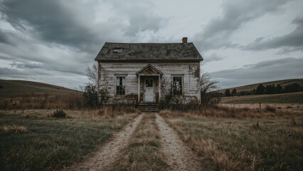 A dilapidated house located in a rural landscape with overcast skies and a dirt pathway leading to the entrance.