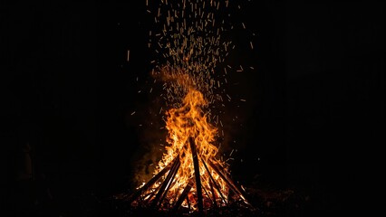 A bonfire with sparks and flames burning intensely in the dark.