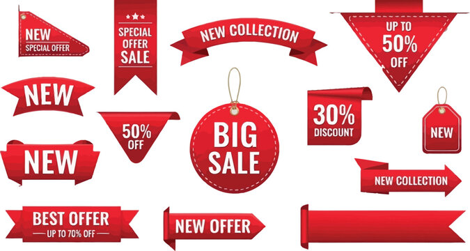 Versatile collection of vibrant red promotional banners, labels, and tags for retail marketing, highlighting sales, discounts, and new product announcements